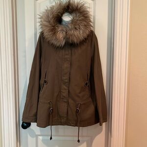 ZARA WOMAN  OLIVE  COZY FAUX FUR HOODED + LINING COAT JACKET LARGE